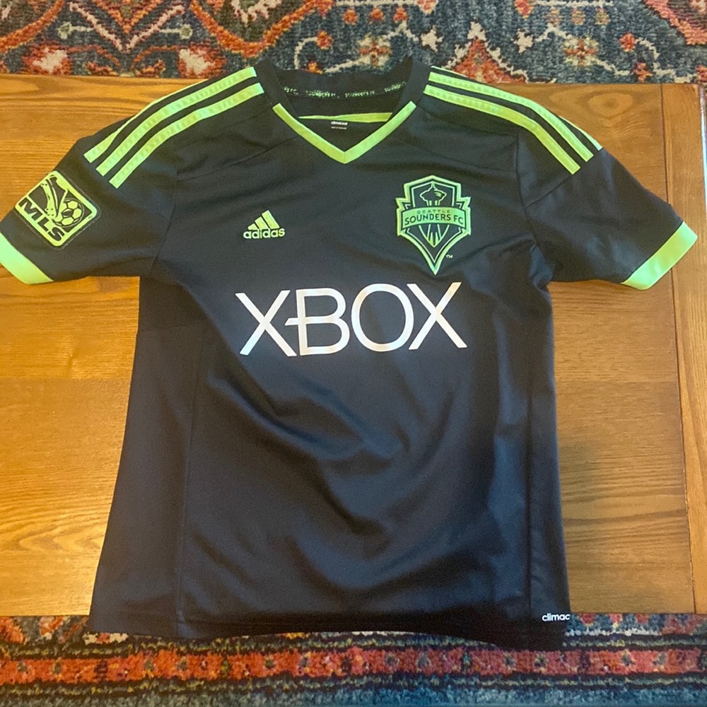 Black adidas Seattle Sounders third kit soccer shirt Jersey, kid youth 10-12